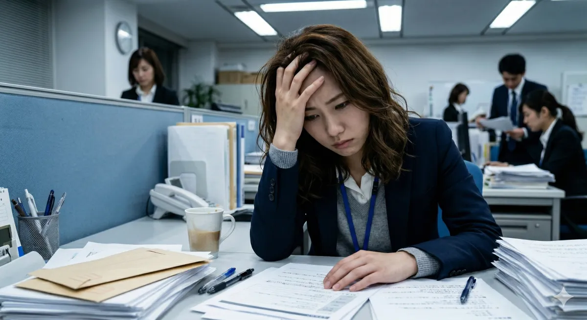 オフィスで疲れて頭を抱える女性